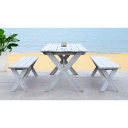 Safavieh Marina 3 Piece Dining Set with 63-inch L Table and 2 Backless Benches-Grey Wash (PAT7021B)