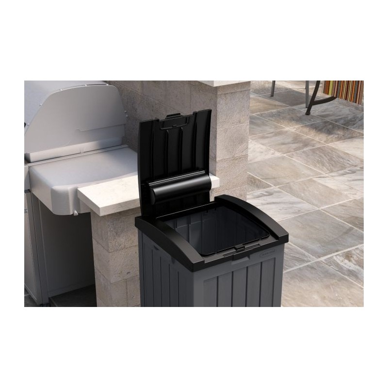 Suncast Trash Hideaway 39 Gallon Outdoor Trash Can Patio or Deck Waste Bin  with Latching Lid, Liquid Tray, Handles, and Trash Bag Holder, Peppercorn