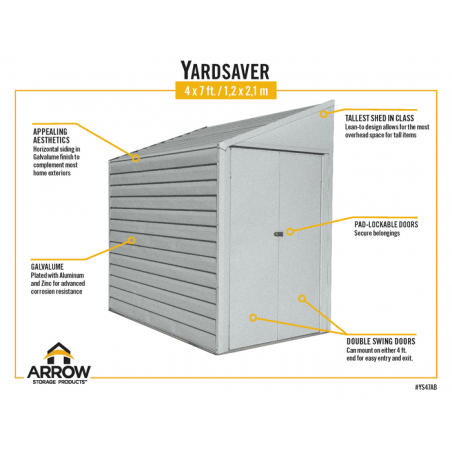 Arrow Yardsaver 4x7 Steel Storage Shed Pent Roof - Silver (YS47AB)