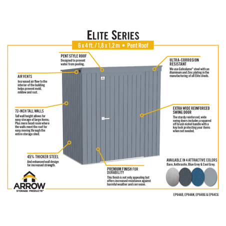 Arrow 6x4 Elite Steel Storage Shed - Silver (EP64AB)